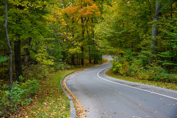 autumn road trip, traverse city, michigan - country road winding road road michigan imagens e fotografias de stock