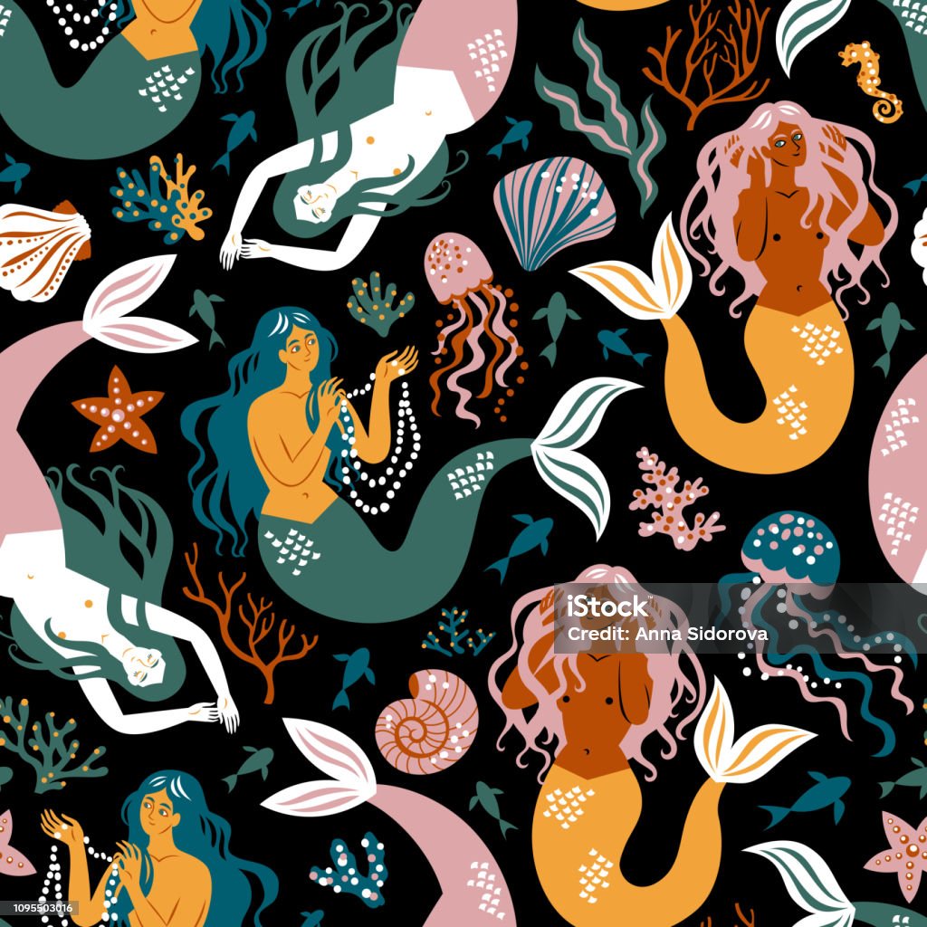 Hand-drawn vector pattern Hand-drawn vector pattern with carefree mermaids, corals, seashells, jellyfish and seaweed. Beautiful design for fabric Mermaid stock vector