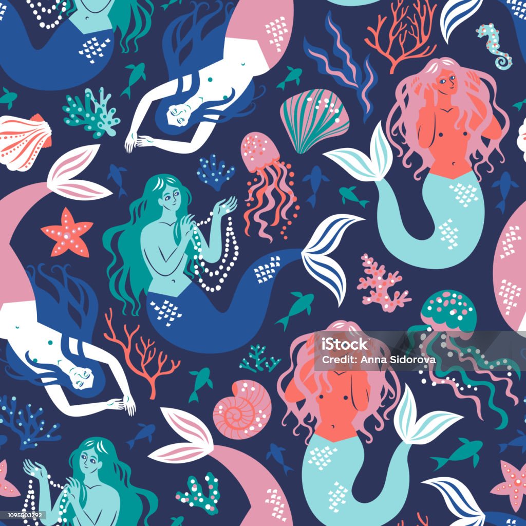 Vector seamless patternector pattern Hand-drawn vector pattern with carefree mermaids, corals, seashells, jellyfish and seaweed. Beautiful design for fabric Mermaid stock vector