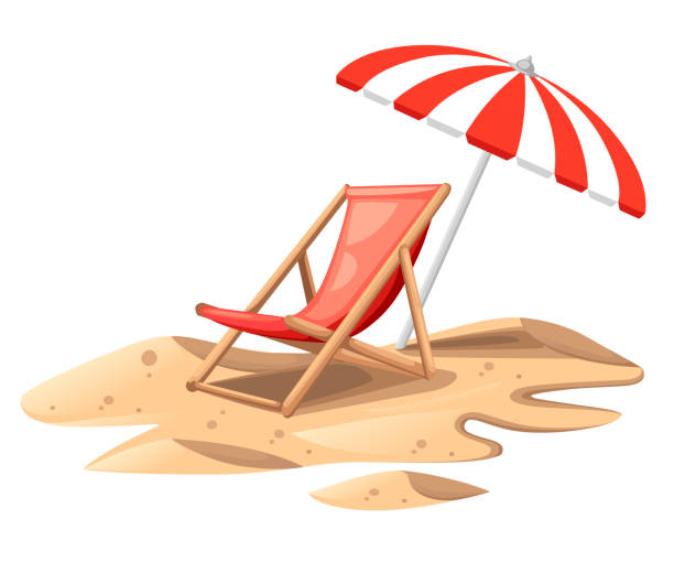 Red beach chair with umbrella. Wooden chair on sand. Colorful summer illustration. Flat vector illustration isolated on white background Red beach chair with umbrella. Wooden chair on sand. Colorful summer illustration. Flat vector illustration isolated on white background. red beach chairs stock illustrations