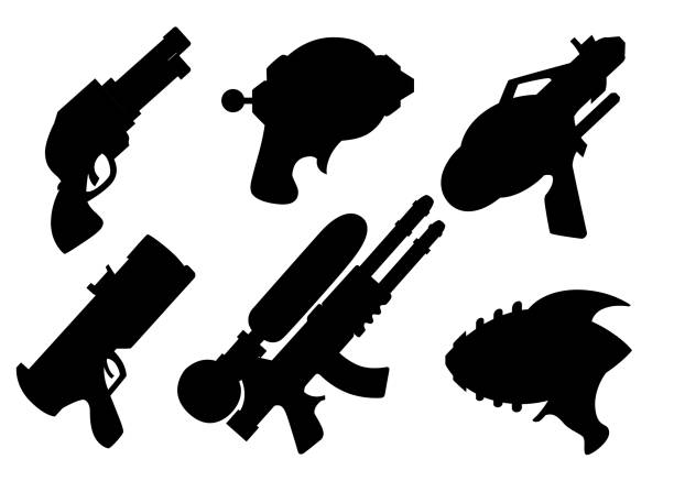 illustrations, cliparts, dessins animés et icônes de silhouette noire. collection de bandes dessinées de pistolet. jouets de vector plate. scénographie de canons laser. illustration vectorielle isolée sur fond blanc - pan