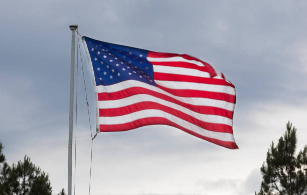 istock American flag waving with clouds behind 1095513020