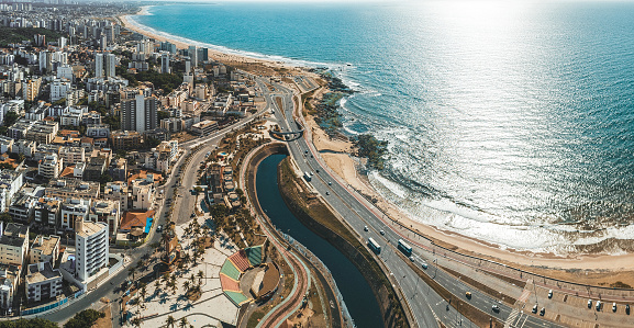 aerial view from bay on coastline and skyline of Salvador da Bahia