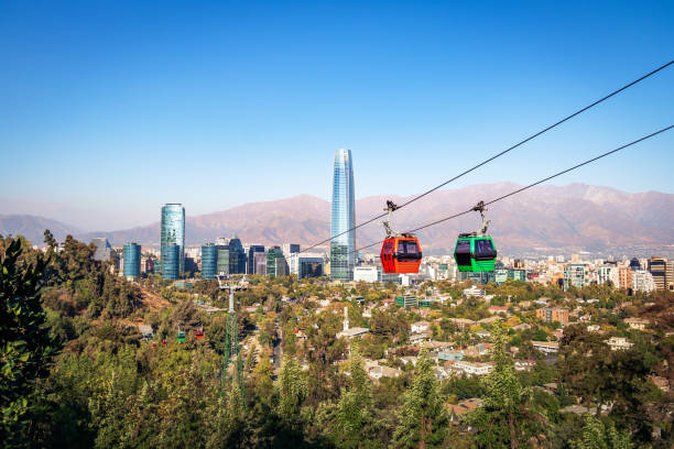 santiago metropolitan park seilbahn und santiago aerial skyline costanera wolkenkratzer - santiago, chile - urban scene street car nobody stock-fotos und bilder