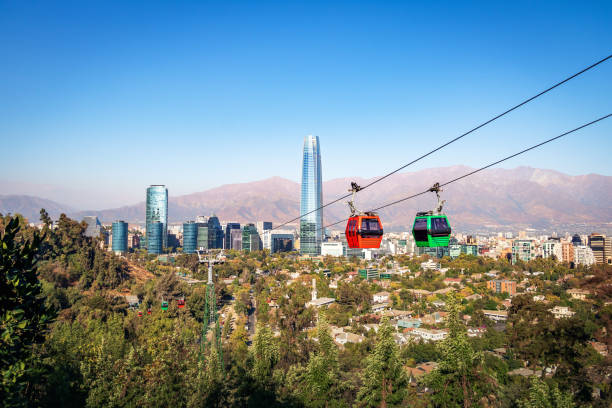 Santiago Metropolitan Park Cable Car and Santiago aerial skyline with Costanera Skyscraper - Santiago, Chile Santiago Metropolitan Park Cable Car and Santiago aerial skyline with Costanera Skyscraper - Santiago, Chile overhead cable car photos stock pictures, royalty-free photos & images