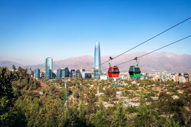 Santiago Metropolitan Park Cable Car and Santiago aerial skyline with Costanera Skyscraper - Santiago, Chile