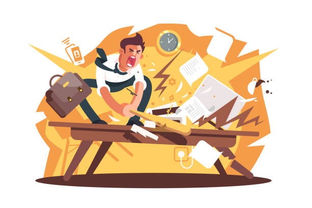 Angry and exasperated worker crushed workplace Angry and exasperated worker crushed workplace. Cartoon wrathful man destroys work position with baseball bat vector illustration flat concept. Nervous breakdown because of problems or stress at work impatient stock illustrations
