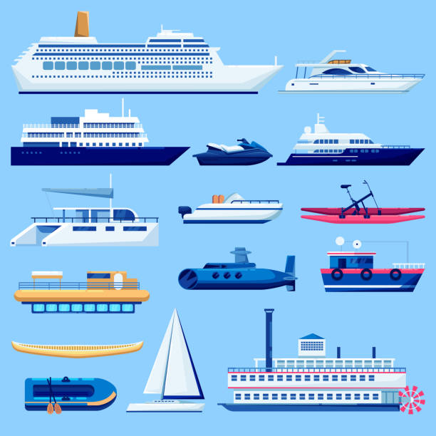 ilustraciones, imágenes clip art, dibujos animados e iconos de stock de buque transporte iconos conjunto. ilustración de vector vehículo plano. barcos de vela, cruceros, alquiler de barcos en el fondo azul - transportation nautical vessel floating on water sea