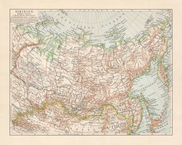 topographische karte von sibirien, russland, lithographie, veröffentlicht im jahre 1897 - baikalsee stock-grafiken, -clipart, -cartoons und -symbole
