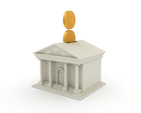 Bank Building with Euro Coins - White Background - 3D Rendering