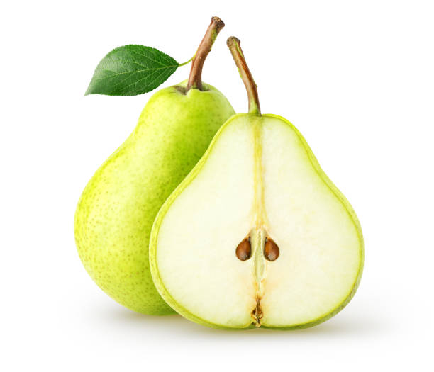 istock Isolated pears. Whole pear fruit and half with leaf isolated on white background with clipping path 1095546214
