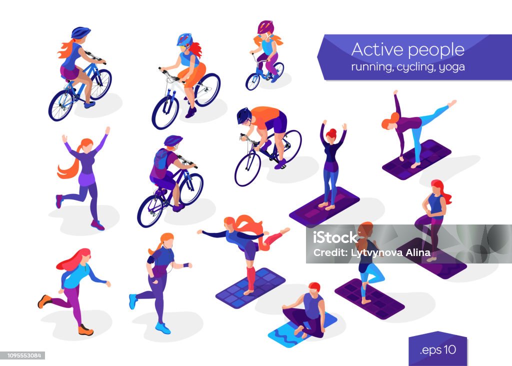 Active people on a white background. Multi colored characters in isometric flat style. Cycling, running and yoga. Healthy lifestyle. Women, men and child making sport exercises Isometric Projection stock vector