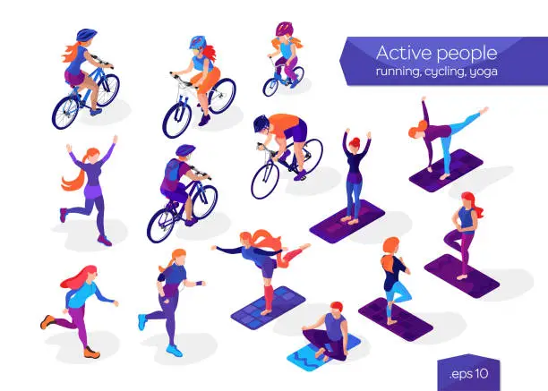 Vector illustration of Active people on a white background. Multi colored characters in isometric flat style. Cycling, running and yoga. Healthy lifestyle. Women, men and child making sport exercises