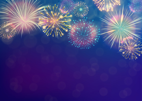 Fireworks background on twilight blue backdrop. New year celebration pattern concept. Vector illustration