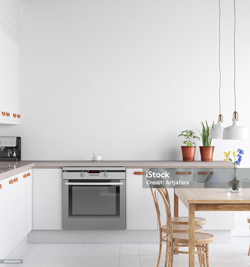 Scandinavian kitchen interior, wall mock up Scandinavian kitchen interior, wall mock up, 3d render Kitchen Stock Photo
