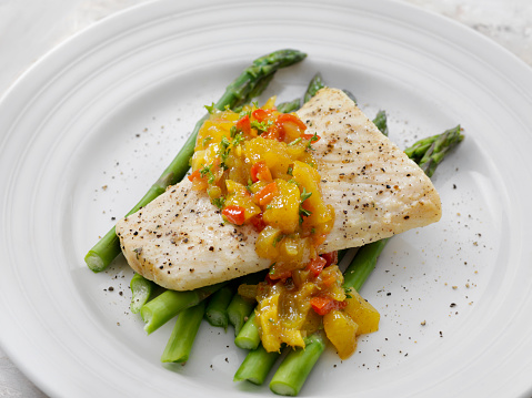 Butter Poached Halibut with Mango Chutney and Asparagus