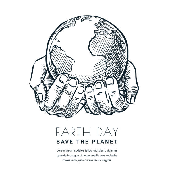 иллюстрация векторного эскиза дня земли. руки, держащие планету земля. баннер, дизайн плаката для экологических тем экологии - themes stock illustrations