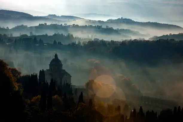 San Biagio before Sunset, foggy landscape, Montepulciano, Tuscany,Italy,Nikon D3x