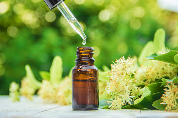 istock linden extract and flowers in a small bottle. Selective focus. 1095575564