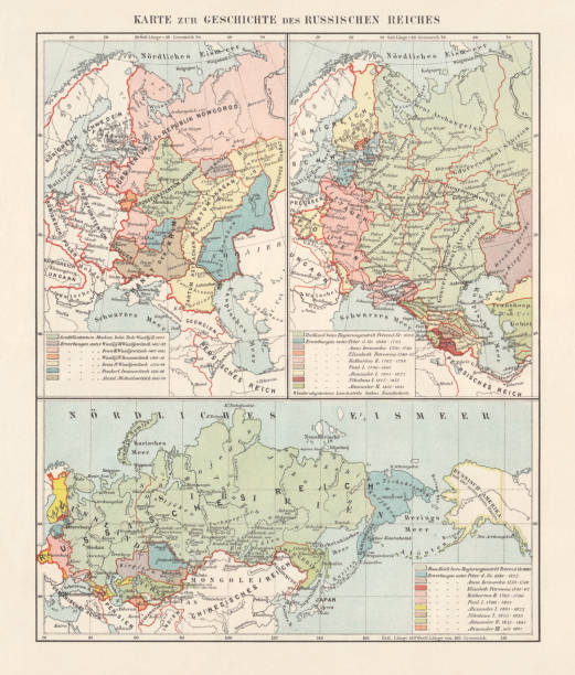 historische entwicklung des russischen reiches (15. bis 19. jahrhundert), lithographie, 1897 - alaska us bundesstaat stock-grafiken, -clipart, -cartoons und -symbole