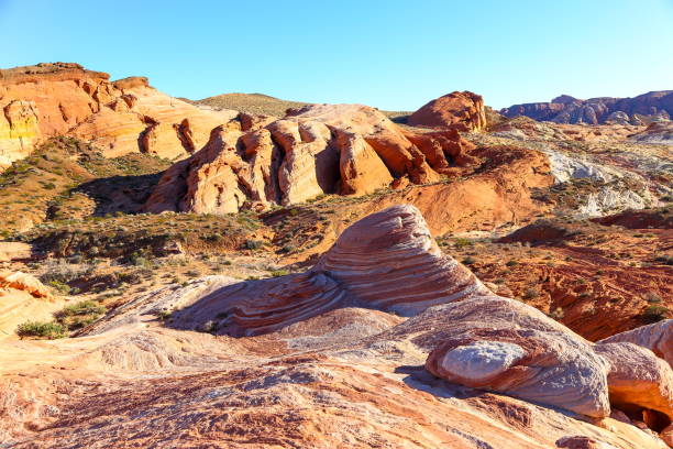 feuer-welle im valley of fire state park, nevada, usa - majestic awe canyon national park stock-fotos und bilder