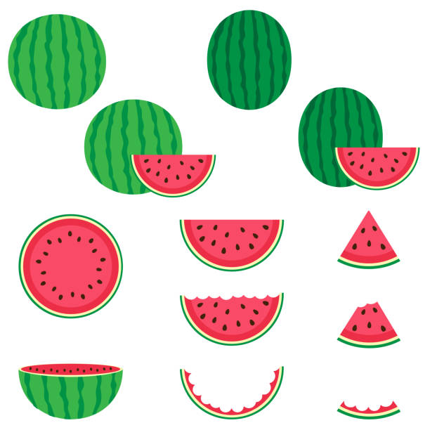 ilustraciones, imágenes clip art, dibujos animados e iconos de stock de conjunto de iconos de vector de sandía - watermelon