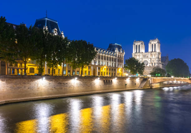 katedra notre-dame de paris i nasyp wyspy cite w nocy, francja - paris france notre dame night ile de la cite zdjęcia i obrazy z banku zdjęć