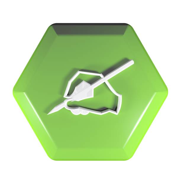 A green hexagonal push button, isolated on white background, with the icon of a hand writing with a pen - 3D rendering illustration