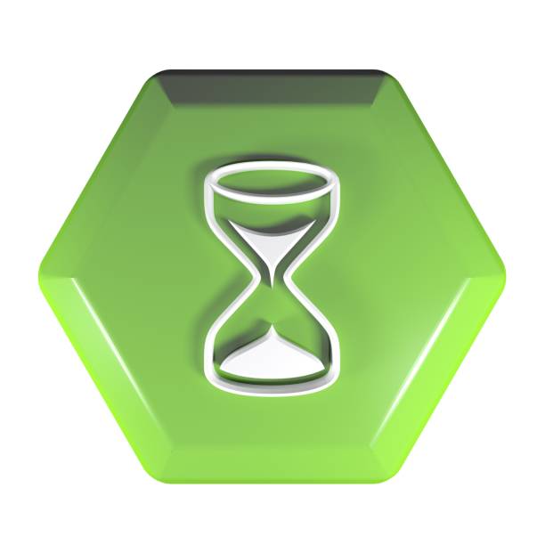A green hexagonal push button, isolated on white background, with the icon of a hourglass - 3D rendering illustration