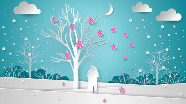 miłośnicy w tle zimowego krajobrazu pod kwitnącym drzewem. latające kwiaty i śnieg. tekstura papieru nowy rok, boże narodzenie, walentynki ilustracji. - christmas tree family winter art stock illustrations