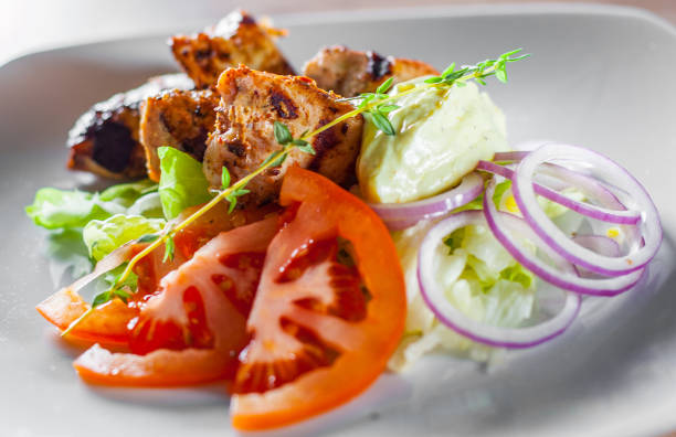 istock fried chicken breast piece fillet with vegetables salad on white plate 1095603696