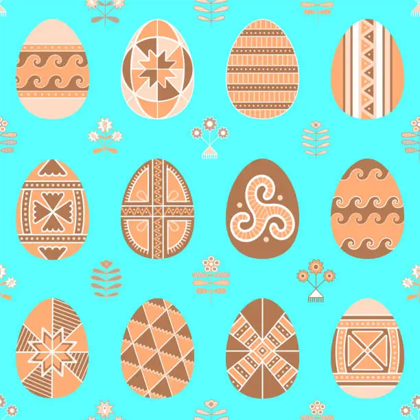 Vector illustration of Seamless pattern of easter eggs with folk naive ornament