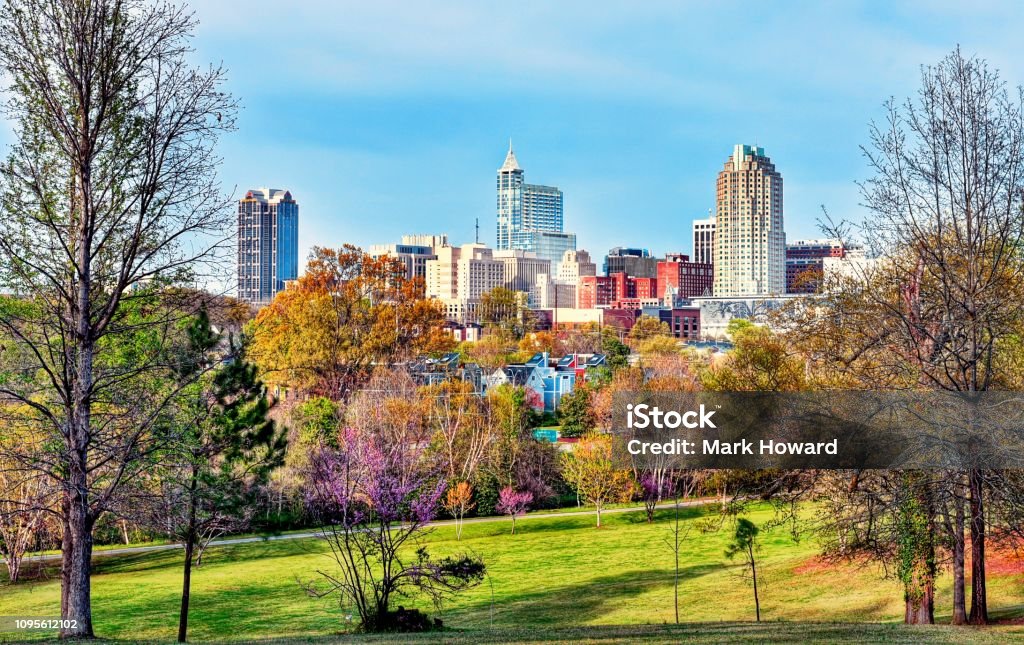 Colorful Raleigh Cityscape A colorful downtown Raleigh, North Carolina cityscape view from a park in spring. Raleigh - North Carolina Stock Photo