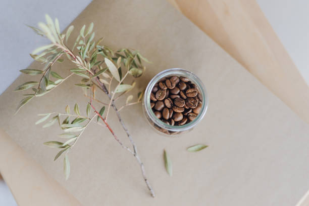 istock Glass jar with roasted coffee beans. Copy space 1095613340