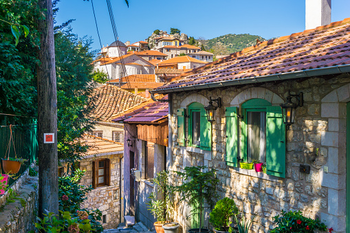 Traditional paved alleys in Dimitsana greek Village in Peloponnese, Greece