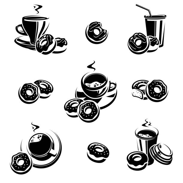 пончик набор. пончики коллекции икон и элементов. вектор - coffee donut old fashioned snack stock illustrations
