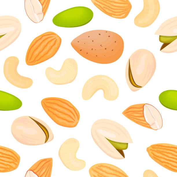 mandeln, pistazien, cashew-nahtlose vektormuster auf weißem hintergrund. - peeled almond backgrounds dried food stock-grafiken, -clipart, -cartoons und -symbole