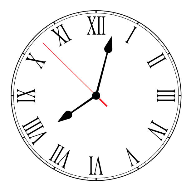 Blank clock face illustration on white Vector illustration of blank clock face dial with Roman numerals, hour, minute and second hands isolated on white background hour hand stock illustrations