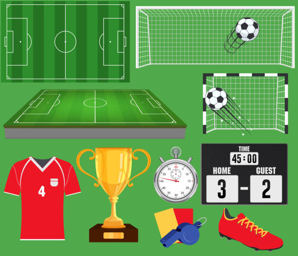 illustrazioni stock, clip art, cartoni animati e icone di tendenza di set da calcio, illustrazione vettoriale raccolta attrezzature calcio - goal scoreboard soccer soccer ball