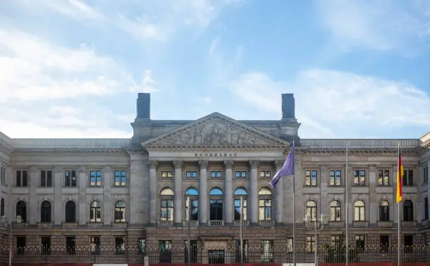 Photo of Berlin, Bundesrat building under german cloudy sky. Prussian House of Lords in panoramic view.