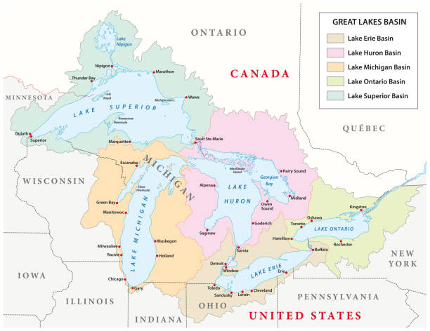 vektorkarte von great lakes basin - lawrence quebec canada north america stock-grafiken, -clipart, -cartoons und -symbole