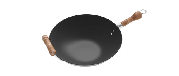Empty wok with wooden handles isolated on white background. 3d illustration