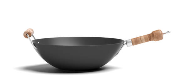 пустой вок с деревянными ручками изолированы на белом фоне. 3d иллюстрация - pan saucepan kitchen utensil isolated стоковые фото и изображения