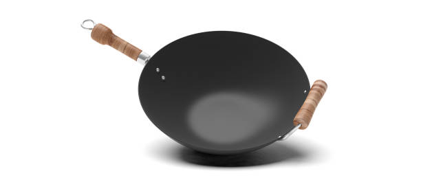 istock Empty wok with wooden handles isolated on white background. 3d illustration 1095630196