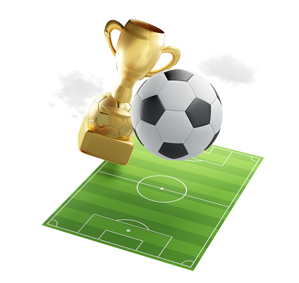 soccer ball trophy and soccer field 3d-illustration