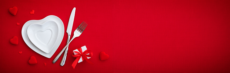 Valentines Day Setting Table  - Cutlery And Plates On Red Table