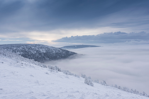 Sunrise in a mountain winter landscape.