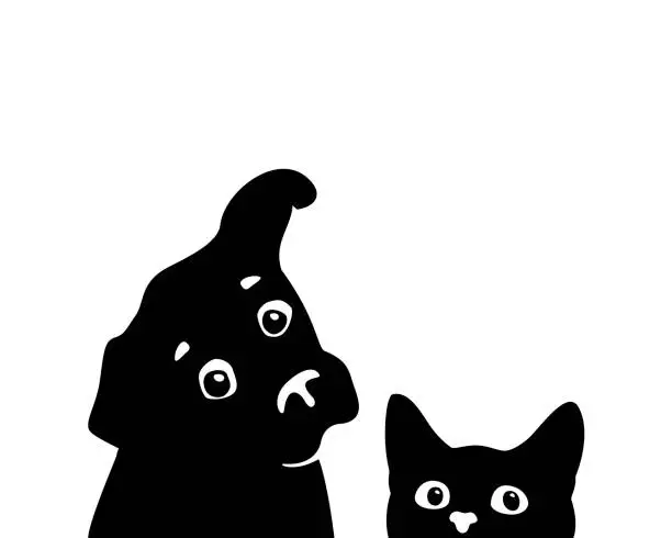 Vector illustration of Curious cat and dog muzzles. Vector