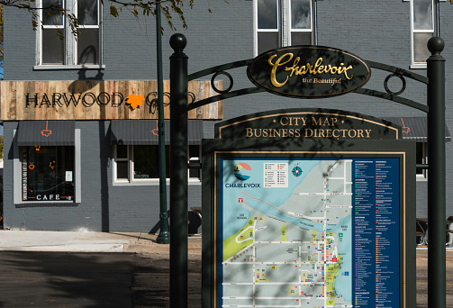 A city map points out the attractions in the quaint downtown of Charlevoix, Michigan.