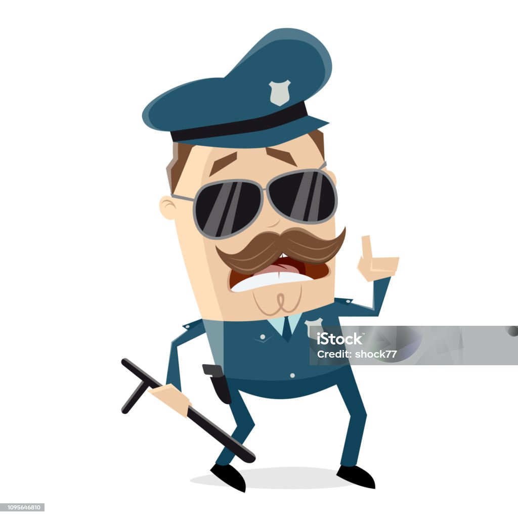 funny cartoon policeman with truncheon is giving important information Gun stock vector
